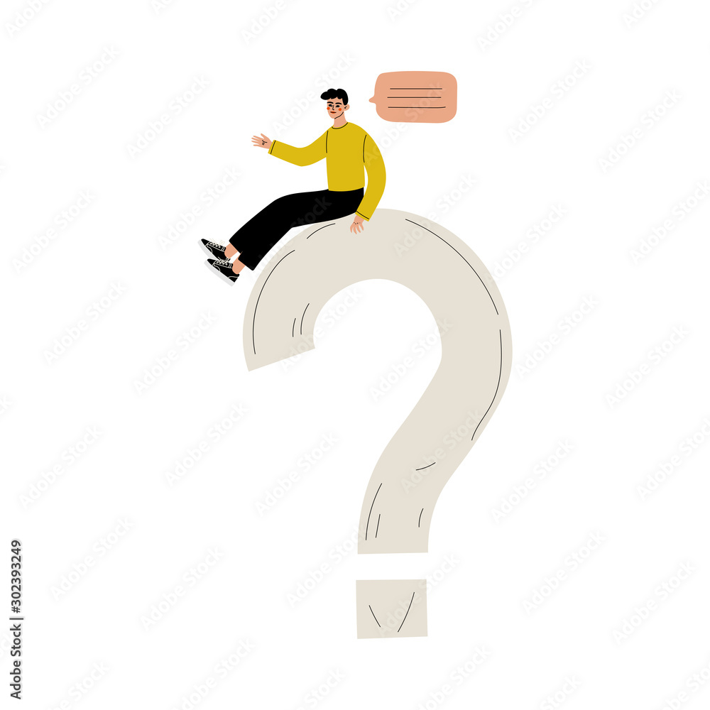 Young Man Sitting on a Big Question Mark, Person Communicating, Making a Choice or Seeking Solution to a Problem Vector Illustration Young Man Sitting on a Big Question Mark, Person Communicating, Making a Choice or Seeking Solution to a Problem Vector Illustration