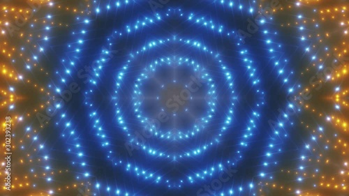 Beautiful Abstract Kaleidoscope Shape with Light Lines Moving Fast. Colors Blue Orange. Background Futuristic Tunnel with Led Screen Lights. Animation Disco Lights. Light Tunnel. Seamless loop. 4K