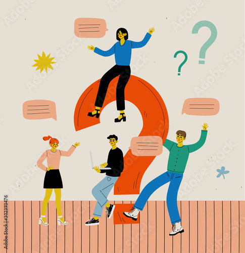 People with a Big Question Mark, Business Team Communicating, Making a Choice or Seeking Solution to a Problem Vector Illustration