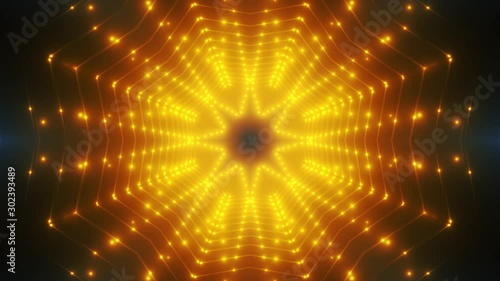 Beautiful Abstract Kaleidoscope Shape with Light Lines Moving Fast. Colors Blue Orange. Background Futuristic Tunnel with Led Screen Lights. Animation Disco Lights. Light Tunnel. Seamless loop. 4K