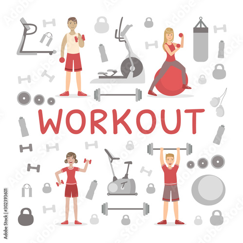Workout Banner Template, People Exercising with Sports Equipment Vector Illustration