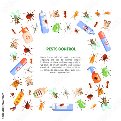 Pest Control Banner Template with Space for Text with Harmful Insects and Insecticides Vector Illustration