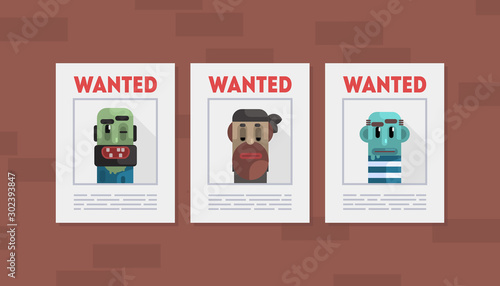 Wanted Criminals Banner Template, Placards with Arrested Men Photos Vector Illustration