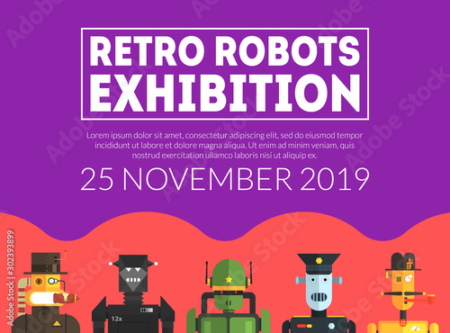 Retro Robots Exhibition Banner Template, Artificial Intelligence Technologies Advertising Flyer, Poster, Promo Brochure Vector Illustration