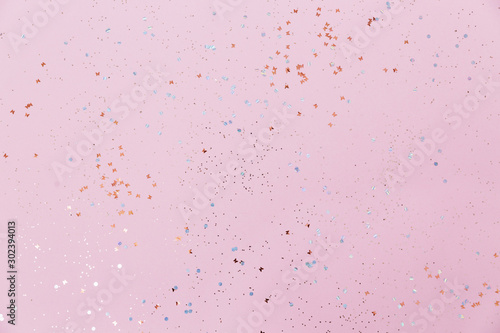 Pink background and confetti. Banner For designers.