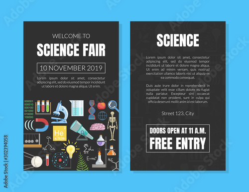 Welcome to Science Fair Invitation Card Template, Scientific Conference Advertising Flyer, Poster, Promotional Material Vector Illustration