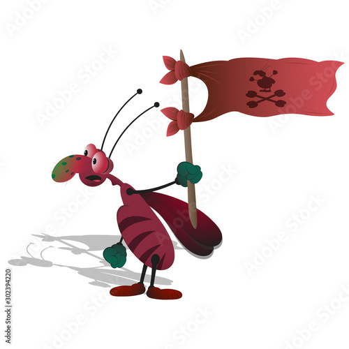 A thin cartoon striped cockroach with bulging eyes holds a red developing flag in his hand. Isolated illustration on a white background with a shadow.