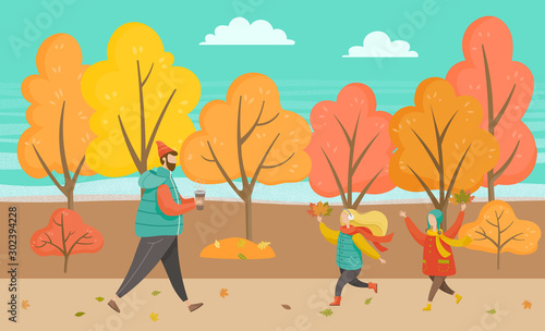Father walking with son and daughter near trees. Happy family in casual clothes going in autumn park. Boy and girl playing with foliage outdoor. Parent and children going by road with leaves vector