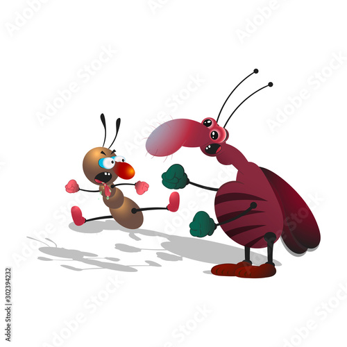 Cartoon striped cockroach fights with an ant. Isolated illustration on a white background with a shadow.
