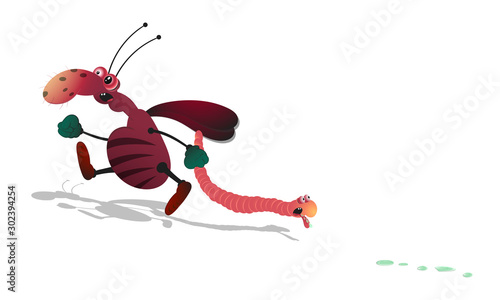 Cartoon striped cockroach with bulging eyes runs and holds a worm in his hand. Isolated illustration on a white background with a shadow.