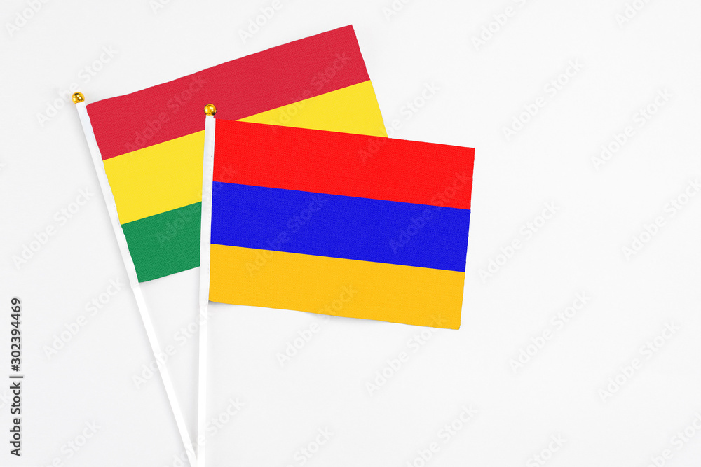 Armenia and Bolivia stick flags on white background. High quality fabric, miniature national flag. Peaceful global concept.White floor for copy space. Armenia and Bolivia stick flags on white background. High quality fabric, miniature national flag. Peaceful global concept.White floor for copy space.