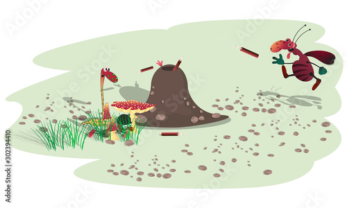 striped cartoon angry cockroach throws dynamite at an anthill with small ants.