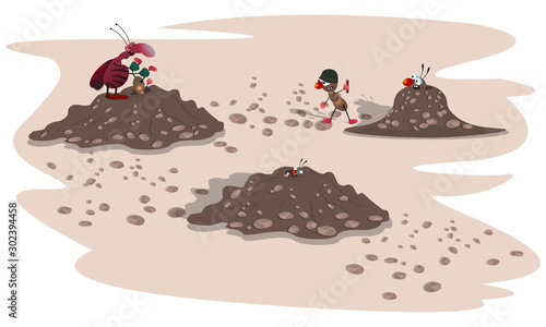 a striped angry cockroach attacks small ants in an anthill. Cartoon illustration.