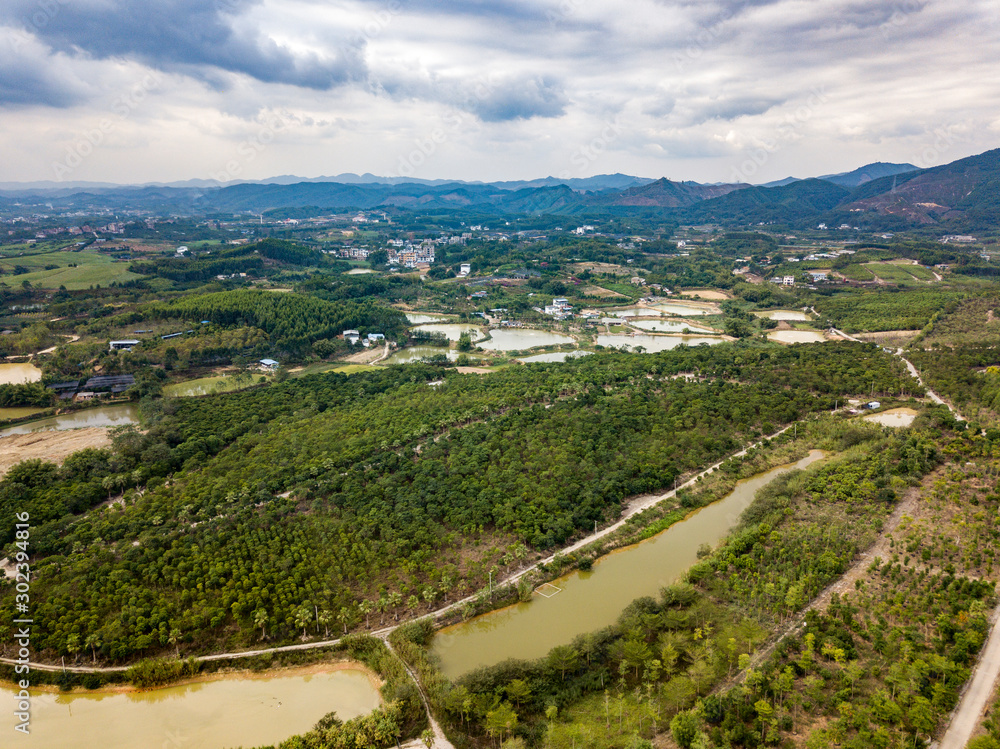 Aerial photos of rural fields, rivers and ponds in mountainous areas of China