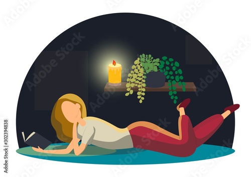 Beautiful blonde woman lying down reading a book. Adorable young woman spending weekend at home. Leisure activity, repose and relaxation. Candle lights the room at night. Flat cartoon colorful vector