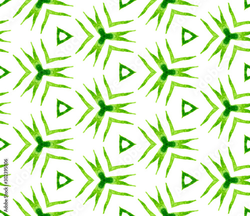 Green geometric foliage seamless pattern. Hand dra
