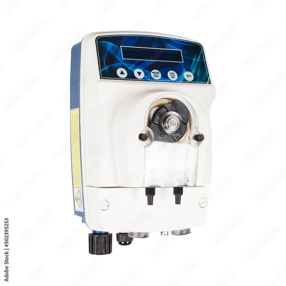 Small white AC powered peristaltic pump with LCD screen isolated on white background. Small white AC powered peristaltic pump with LCD screen isolated on white background.
