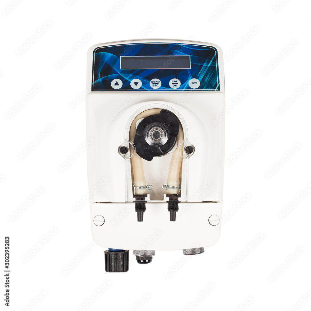 Small white AC powered peristaltic pump with LCD screen isolated on white background.