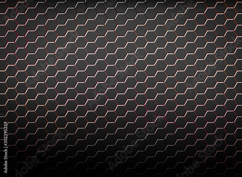 Abstract geometric hexagonal pattern background. dark black, red line texture honeycomb design. 3d rendering