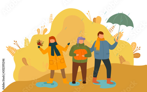 Children spending time outdoors vector. Boys and girl playing with dry leaves, kids holding umbrella. Downpour in park in autumn, forest with bushes and puddles on ground flat style illustration © robu_s