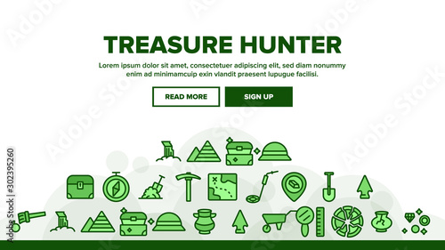 Treasure Hunter Landing Web Page Header Banner Template Vector. Map With Direction To Treasure, Compass And Miner Work Equipment Illustration