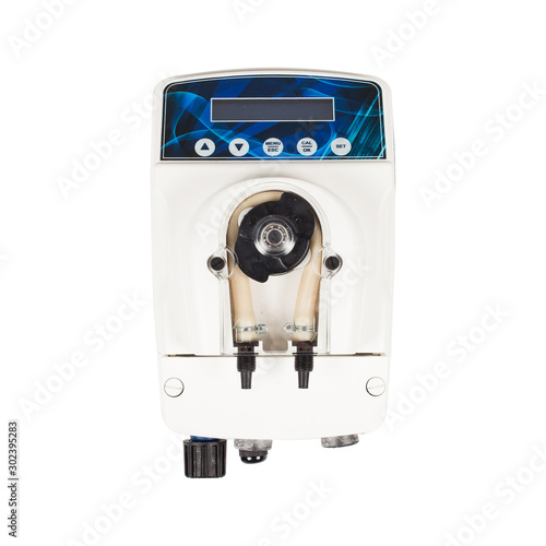 Small white AC powered peristaltic pump with LCD screen isolated on white background. photo