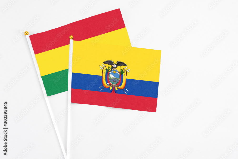 Fototapeta premium Ecuador and Bolivia stick flags on white background. High quality fabric, miniature national flag. Peaceful global concept.White floor for copy space.