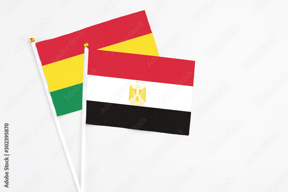 Egypt and Bolivia stick flags on white background. High quality fabric, miniature national flag. Peaceful global concept.White floor for copy space. Egypt and Bolivia stick flags on white background. High quality fabric, miniature national flag. Peaceful global concept.White floor for copy space.