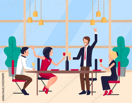 Man and woman colleagues celebrating success, corporate party in office. Worker saying toast, group of people drinking, company leadership vector
