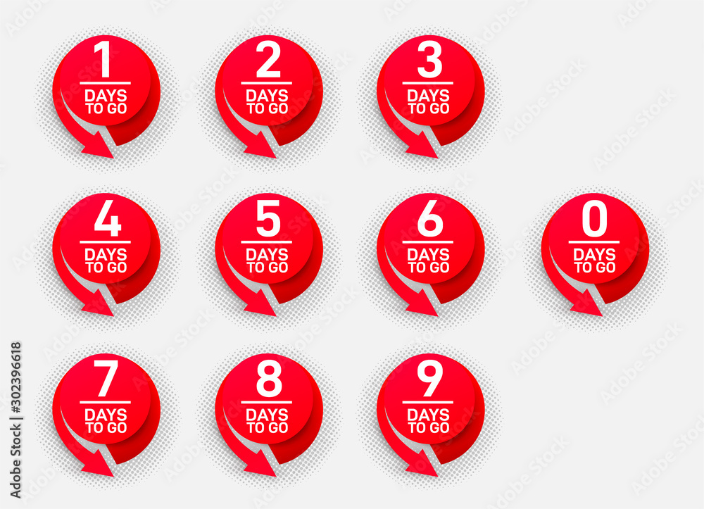 Set of countdown left days banner 1, 2, 3, 4, 5, 6, 7, 8, 9, 0. Count time sale. Nine, eight, seven, six, five, four, three, two, one, zero days left. Vector illustration. Isolated on white background Set of countdown left days banner 1, 2, 3, 4, 5, 6, 7, 8, 9, 0. Count time sale. Nine, eight, seven, six, five, four, three, two, one, zero days left. Vector illustration. Isolated on white background