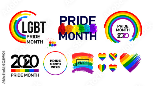 Set of LGBT Pride Month 2020. Celebrated annual. LGBT flag brush stroke. Pride day line abstract logo. Human rights and tolerance. Vector illustration isolated on white background.