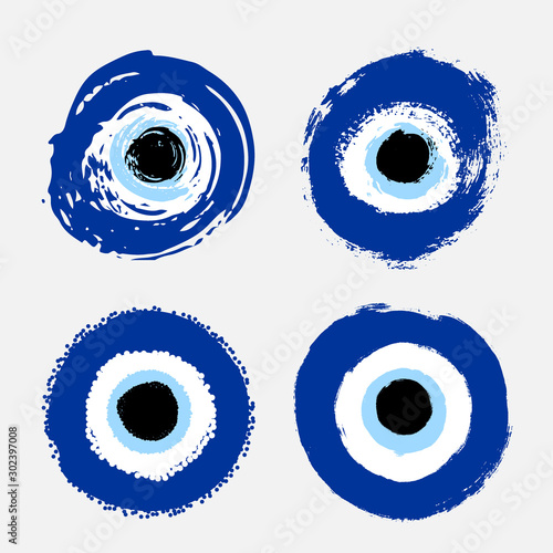 Set of grunge hand drawn Turkish evil eye. Mandala greek evil eye. Symbol of protection in Turkey, Greece, Cyprus. Amulet from evil eye. Vector blue Turkish fatima's eye. Magic item, attribute.