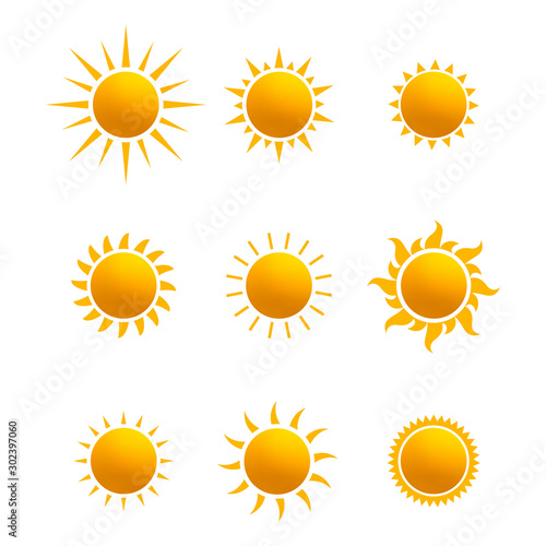 Set of realistic sun icon for weather design. Sun pictogram, flat icon. Trendy summer symbol for website design, web button, mobile app. Template vector illustration. Isolated on white background.