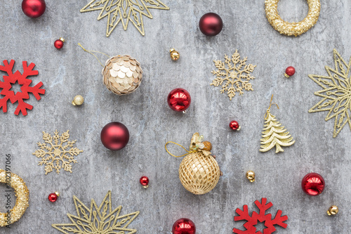 Christmas red and gold decoration on dark background, flat lay,top view