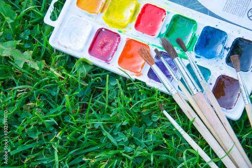 Quadro su tela Watercolor paints and tassels of different sizes