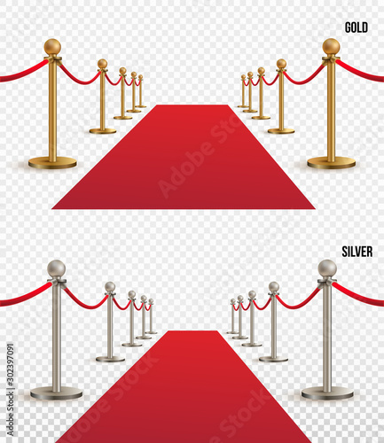 Set of red carpet, golden and silver barriers realistic. VIP event, luxury celebration. Celebrity party entrance. Grand opening. Shiny fencing vector. Cinema premiere on transparent background.