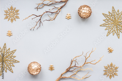 Christmas decoration on blue pastel background, top view, flat lay