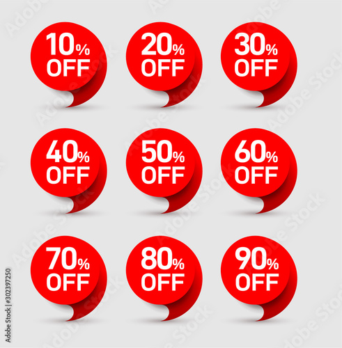 Set of sale of special offers. Discount with the price is 20, 30, 40, 50, 60, 70, 80, 90. Vector an ad with a red tag for an advertising campaign at retail on the day of purchase on white background.