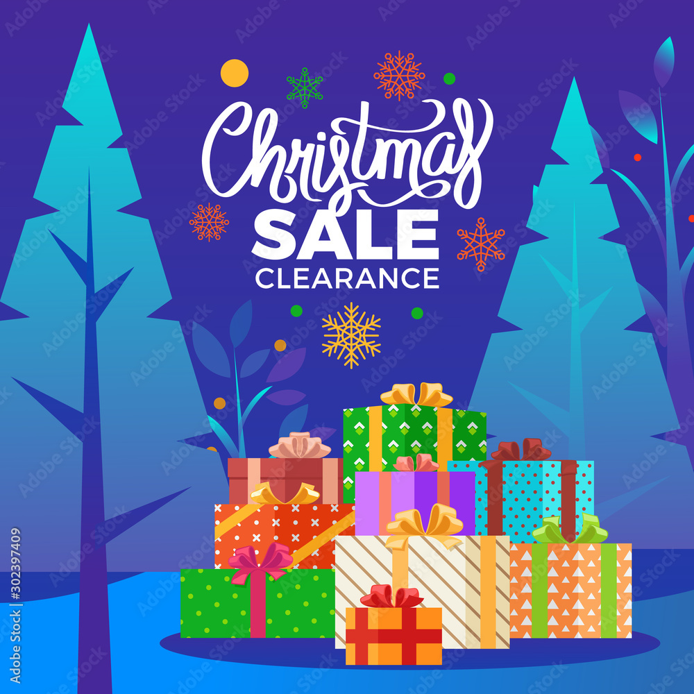 Christmas sale clearance vector. Seasonal proposition from stores to clients. Promotional poster with discounts for shoppers. Xmas offer for holidays. Presents boxes in landscape, pine tree forest