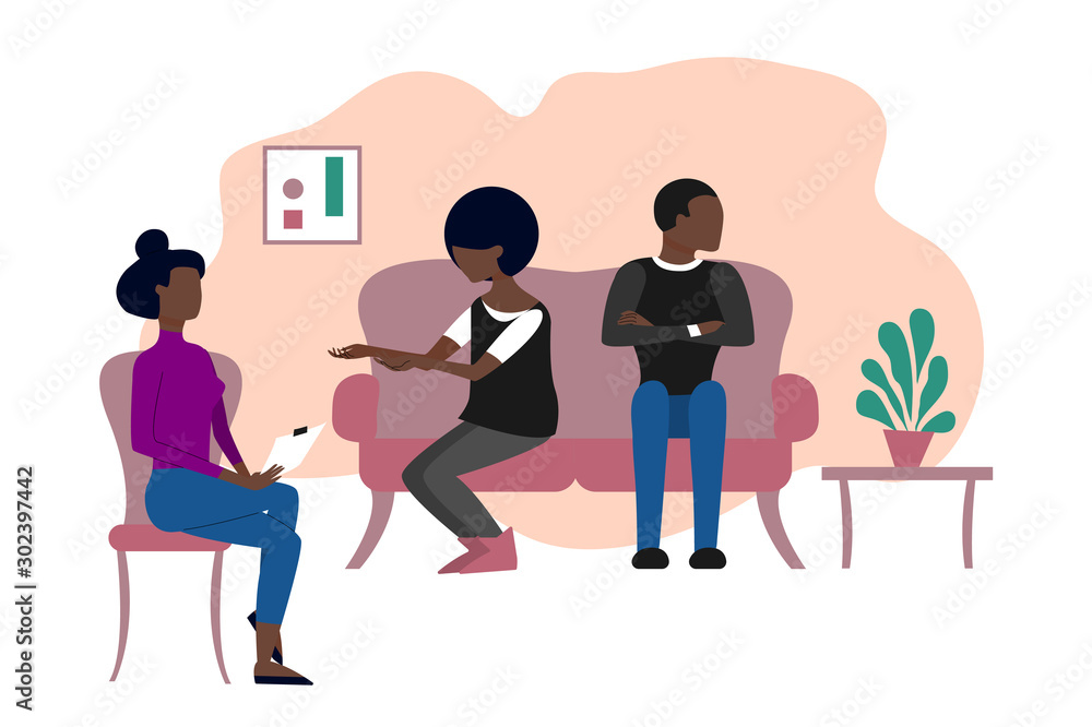 Married black couple having therapeutical meeting at psychologist office. Flat style stock vector illustration.