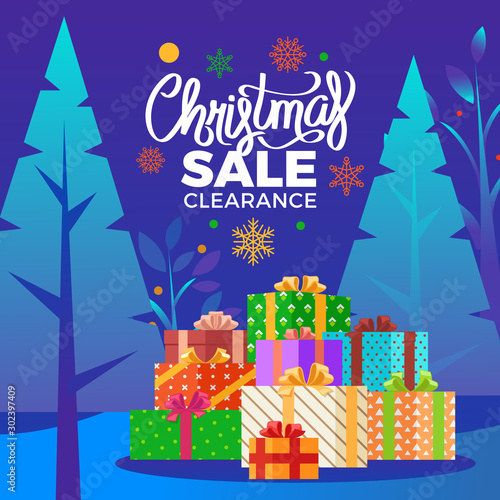 Christmas sale clearance vector. Seasonal proposition from stores to clients. Promotional poster with discounts for shoppers. Xmas offer for holidays. Presents boxes in landscape, pine tree forest