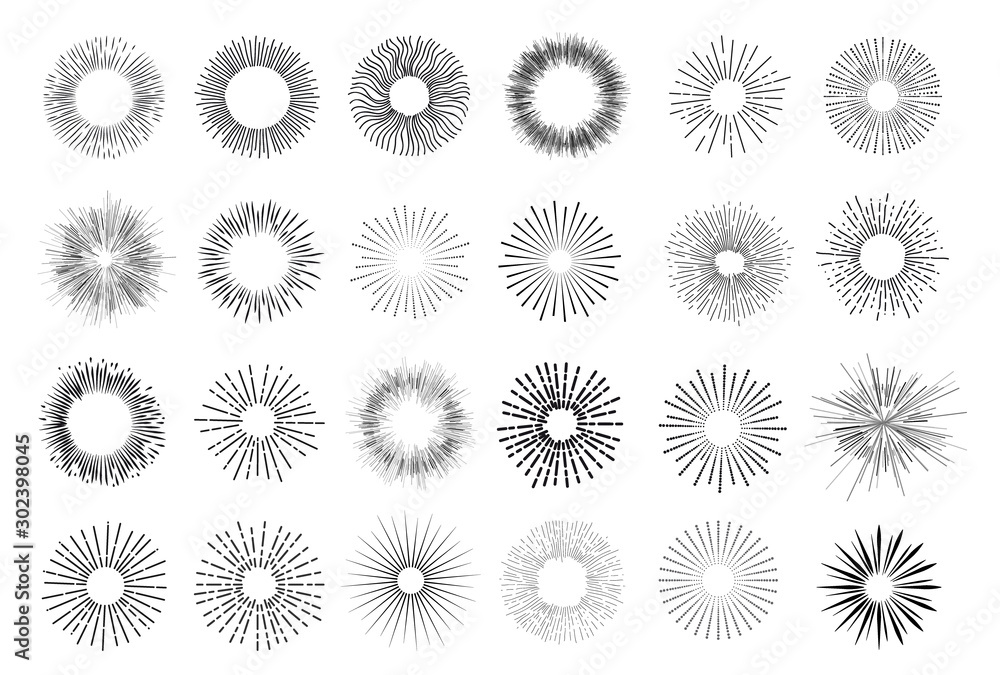 Set of vintage hand drawn sunburst rays design elements, explosion, fireworks black ray's. Vintage sunburst. Elements for graphic and website design. Vector illustration. Isolated on white background.