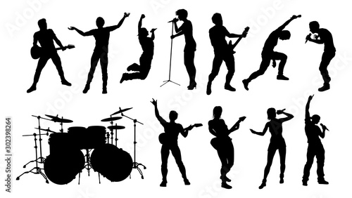 A set of high quality musicians, rock or pop band singers, drummers, and guitarists silhouettes