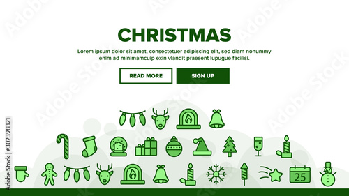Christmas Landing Web Page Header Banner Template Vector. Christmas Presents And Toys, Pine Tree And Snowman, Fireworks And Deer Silhouette Illustration