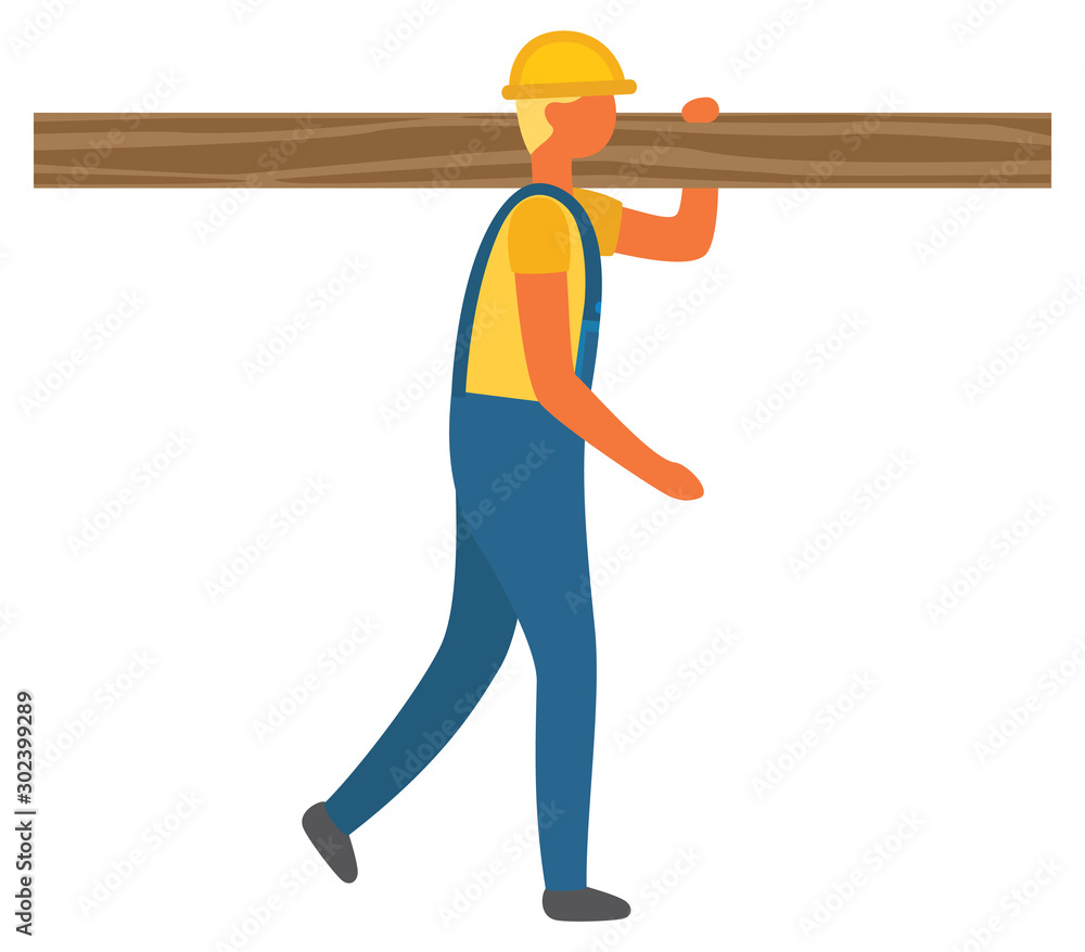 Man wearing helmet vector, worker in uniform carrying wooden plank for construction of new building. Blond man working, isolated character flat style Man wearing helmet vector, worker in uniform carrying wooden plank for construction of new building. Blond man working, isolated character flat style