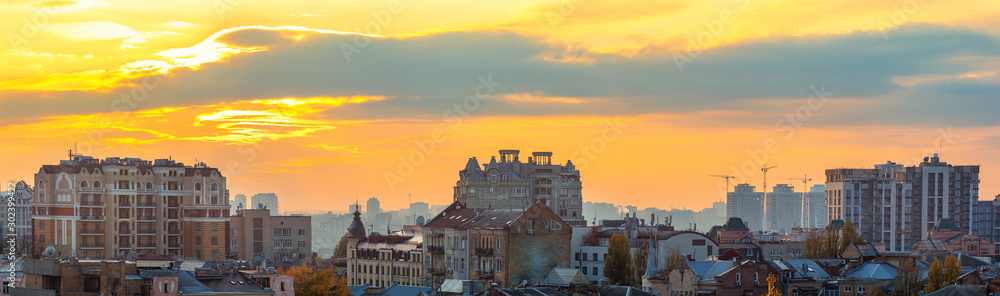 Aerial view of Kyiv city at sunset, Ukraine. Panoramic cityscape