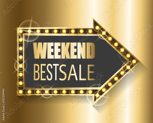 Golden banner vector, best sale proposal for shoppers. Retro style of frame sparkling bulbs and gold shining, weekend sellout, discounts promotion