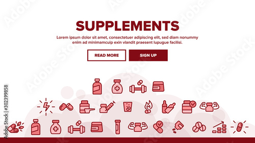 Supplements Landing Web Page Header Banner Template Vector. Sportsman Plastic Container With Protein, Vitamin, Full Stack Bio Supplements Illustration