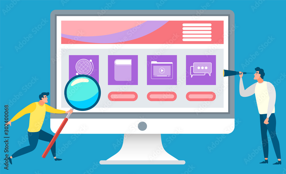 Computer screen with icons vector, online education for business people. Man with magnifying glass, website for learning and education, distance courses Computer screen with icons vector, online education for business people. Man with magnifying glass, website for learning and education, distance courses