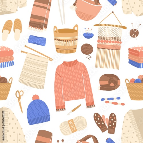 Knitted items flat vector seamless pattern. Knitting and sewing tools texture. Woolen clothes and handmade accessories background. Warm winter garments and apparel vector illustration.